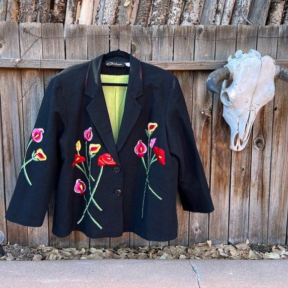 Carina Vintage 1990s Embroidered Floral Blazer Oversized Cala Lily Coat L/XL - Picture 1 of 11
